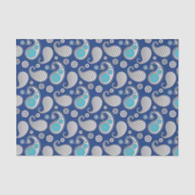 Paisley Muster, Silver Gray / Grau auf Cobalt Blue Seidenpapier (Vorderseite)