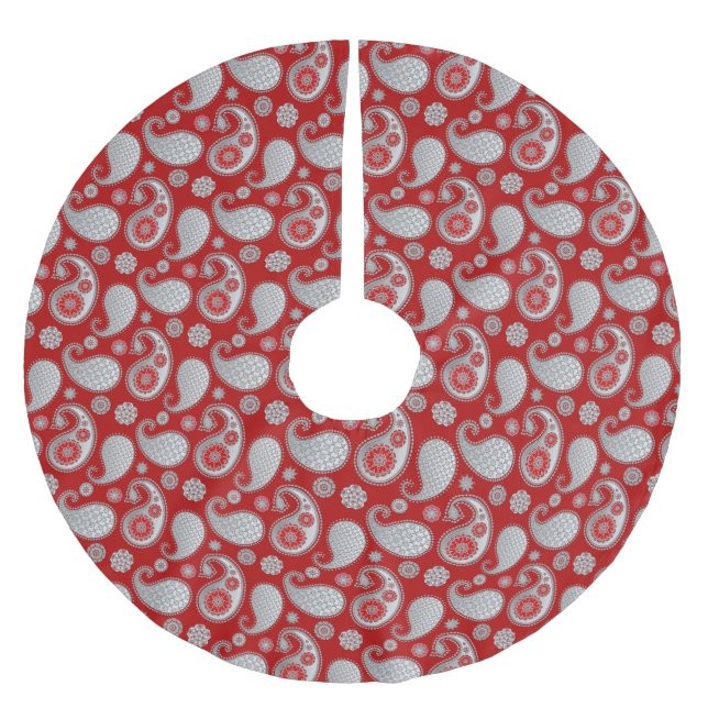 Paisley-Muster, Silver Gray / Grau auf Deep Red Polyester Weihnachtsbaumdecke (Vorderseite)