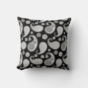 Paisley-Muster, Silver Gray / Grau auf Schwarz Kissen