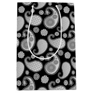 Paisley-Muster, Silver Gray / Grau auf Schwarz Mittlere Geschenktüte