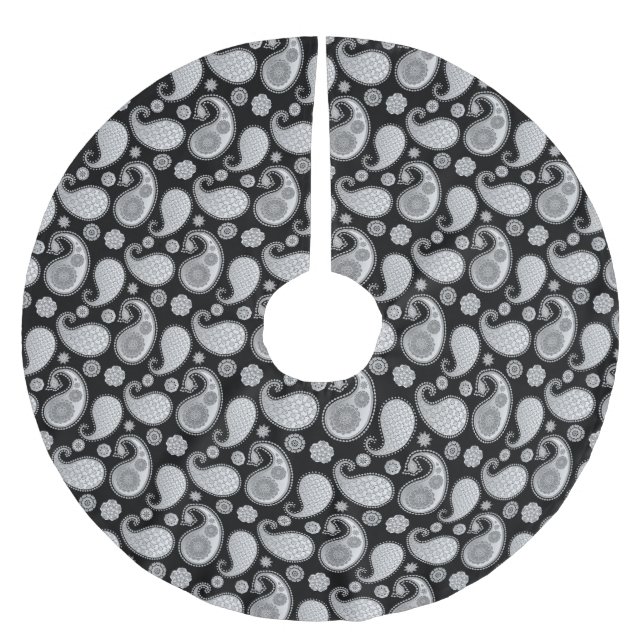 Paisley-Muster, Silver Gray / Grau auf Schwarz Polyester Weihnachtsbaumdecke (Vorderseite)