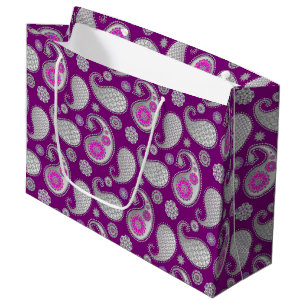 Paisley-Muster, Silver Gray / Grau on Deep Lila Große Geschenktüte