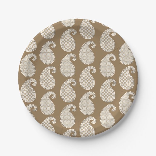 Paisley-Muster, Taupe und Weiß Pappteller (Vorderseite)