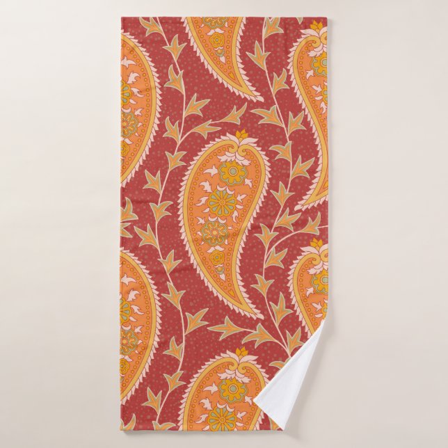Paisley-Muster. Türkische Gurke. Maroon-orange Badehandtuch (Badehandtuch)