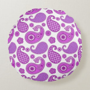 Paisley-Muster, violett, lila und weiß Rundes Kissen