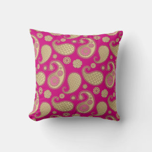 Paisley Muster, weiches Gold auf Deep Fuchsia Pink Kissen