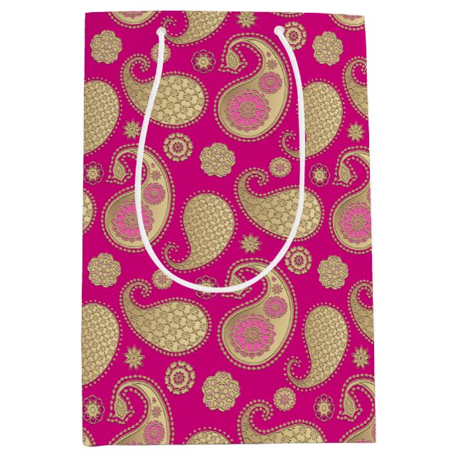 Paisley Muster, weiches Gold auf Deep Fuchsia Pink Mittlere Geschenktüte (Vorderseite)