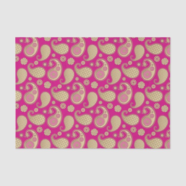 Paisley-Muster, weiches Gold auf Deep Fuchsia Pink Seidenpapier (Vorderseite)
