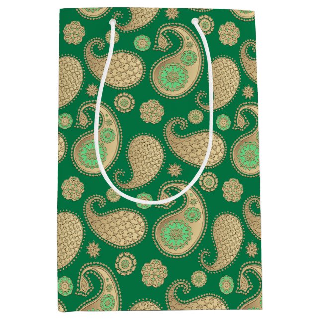 Paisley Muster, weiches Gold auf Smaragdgrün Mittlere Geschenktüte (Vorderseite)