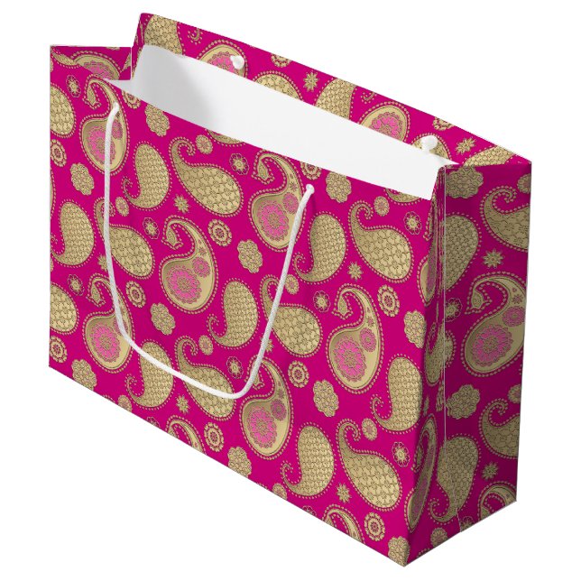 Paisley-Muster, weiches Gold auf tiefem Große Geschenktüte (Vorderseite Schrägansicht)
