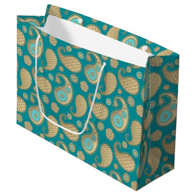 Paisley-Muster, weiches Gold auf Türkis Große Geschenktüte (Vorderseite Schrägansicht)