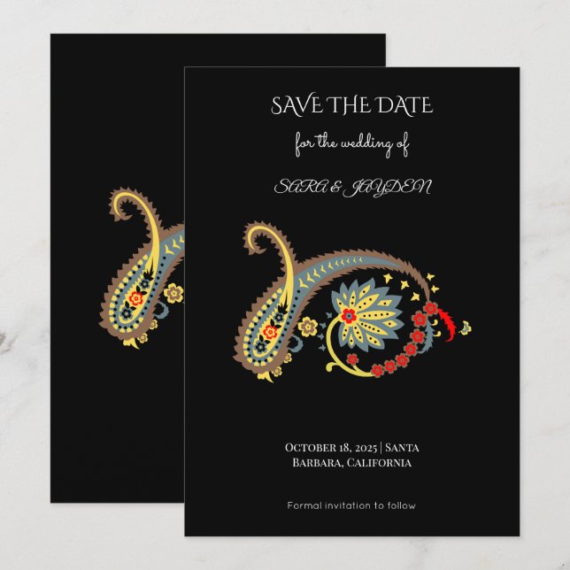 Paisley Pattern Art – Boho Ethnic Botanical Print Save The Date (Vorne/Hinten)