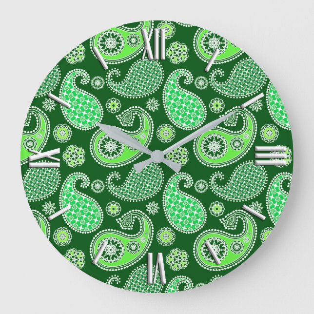 Paisley pattern, Emerald and Jade Green Große Wanduhr (Vorderseite)