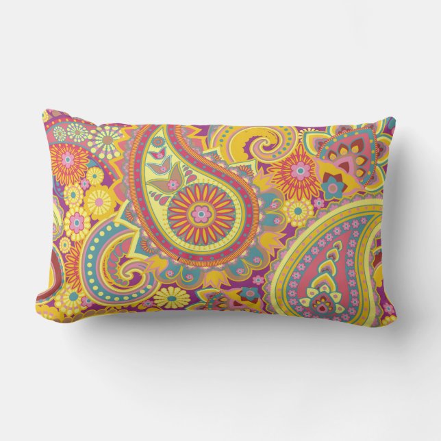 Paisley Pattern Gelbes Lila Rotes Orange Außenbere Kissen Für Draußen (Vorderseite)