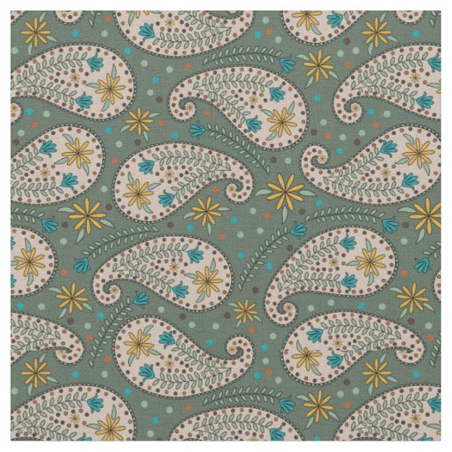 Paisley Pattern in Yellow Peacock Blue Sage Green Stoff (Nahaufnahme)