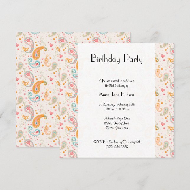 Paisley Pattern, Persian Paisley, Boteh, Birthday Einladung (Vorne/Hinten)