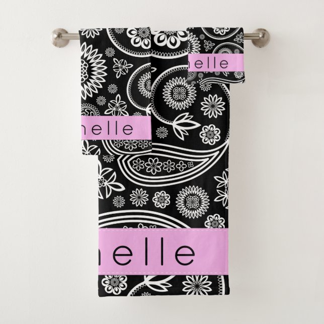 Paisley Pattern, Schwarz und Weiß, Ihr Name Badhandtuch Set (Insitu)