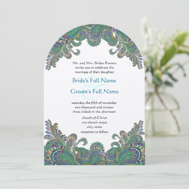 Paisley Peacock Colors Einladung zur Hochzeit (Stehend Vorderseite)
