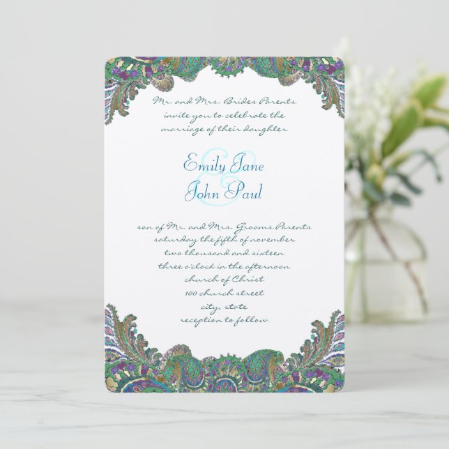 Paisley Peacock Colors Einladungen für Hochzeiten (Stehend Vorderseite)