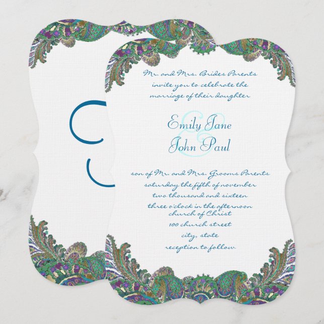 Paisley Peacock Colors Einladungen für Hochzeiten (Vorne/Hinten)