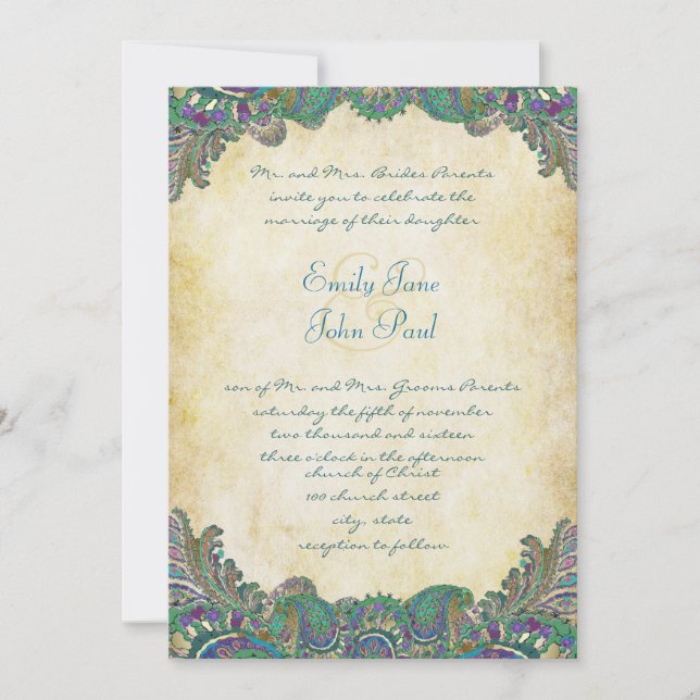 Paisley Peacock Colors Einladungen für Hochzeiten (Vorderseite)