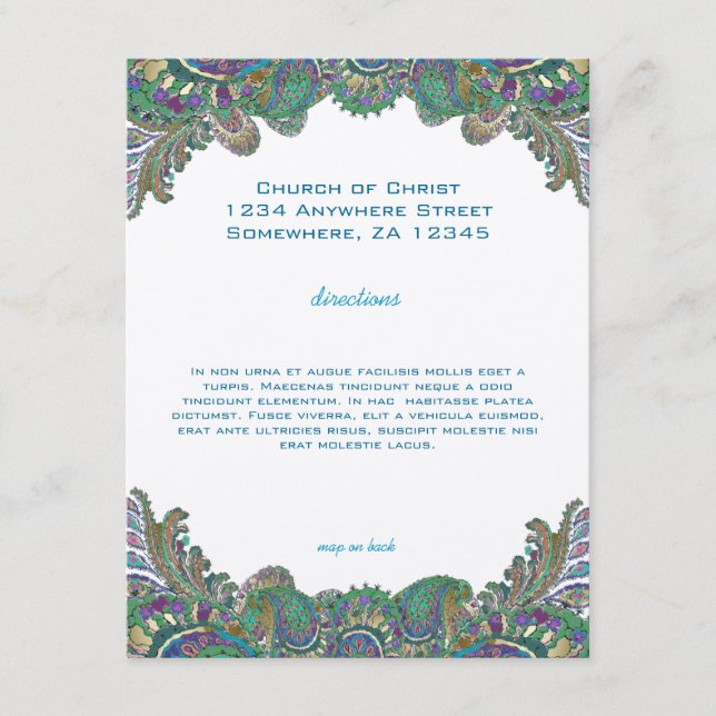 Paisley Peacock Colors Wedding Direction Empfang Begleitkarte (Vorderseite)