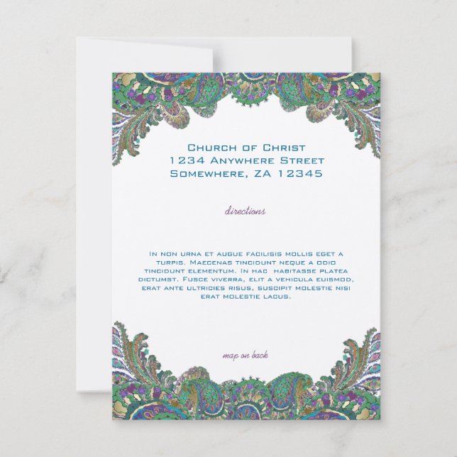Paisley Peacock Colors Wedding Direction Empfang Einladung (Vorderseite)