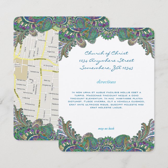 Paisley Peacock Colors Wedding Direction Empfang Einladung (Vorne/Hinten)