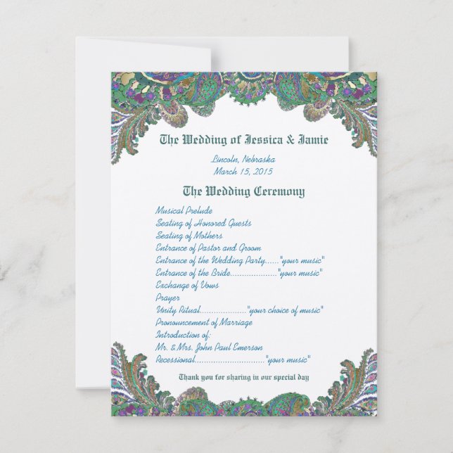 Paisley Peacock Colors Wedding Program Einladung (Vorderseite)