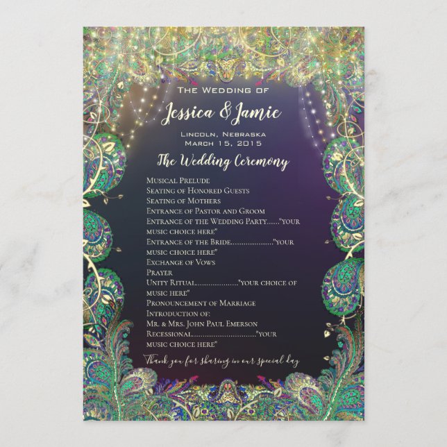 Paisley Peacock Colors Wedding Program Programm (Vorderseite)