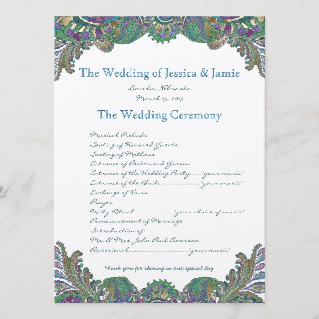 Paisley Peacock Colors Wedding Program Programm (Vorderseite)