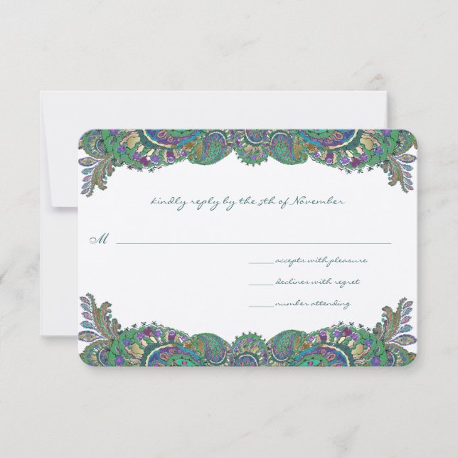 Paisley Peacock Colors Wedding Response Cards RSVP Karte (Vorderseite)