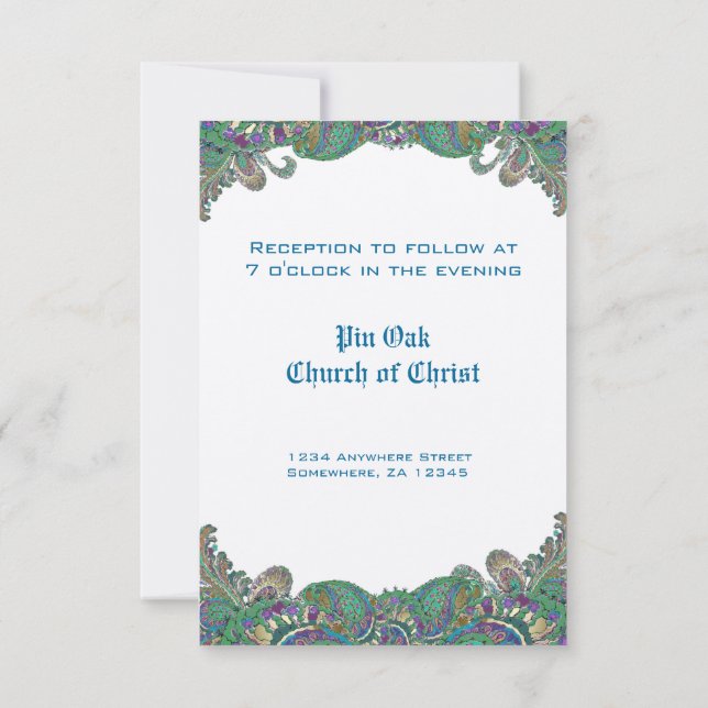 Paisley Peacock couleurs Mariage Cartes de récepti (Dos)