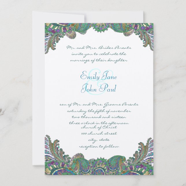 Paisley Peacock Couleurs Mariage Invitations (Devant)