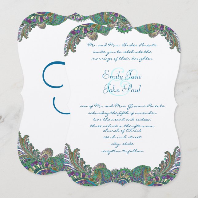 Paisley Peacock Couleurs Mariage Invitations (Devant / Derrière)