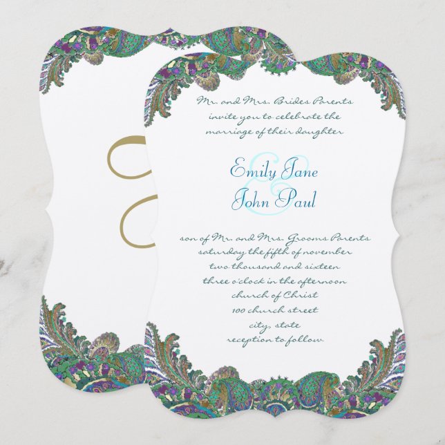 Paisley Peacock Couleurs Mariage Invitations (Devant / Derrière)
