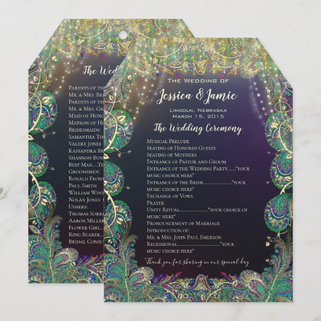 Paisley-Pfau-Farben Hochzeitsprogramm Programm (Vorne/Hinten)