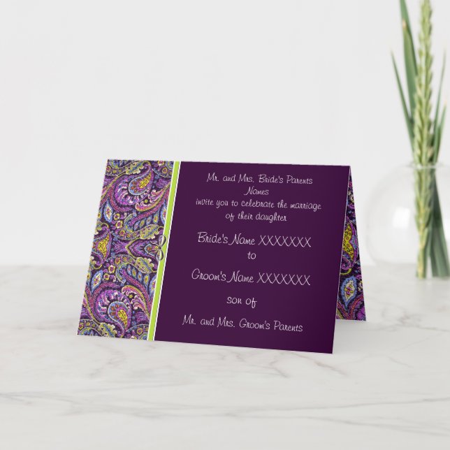 Paisley Plum Eggplant Lime Faire-part de mariage (Devant)