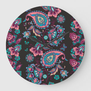Paisley-Streifen: Schwarzes nahtloses Dekorationsm Große Wanduhr