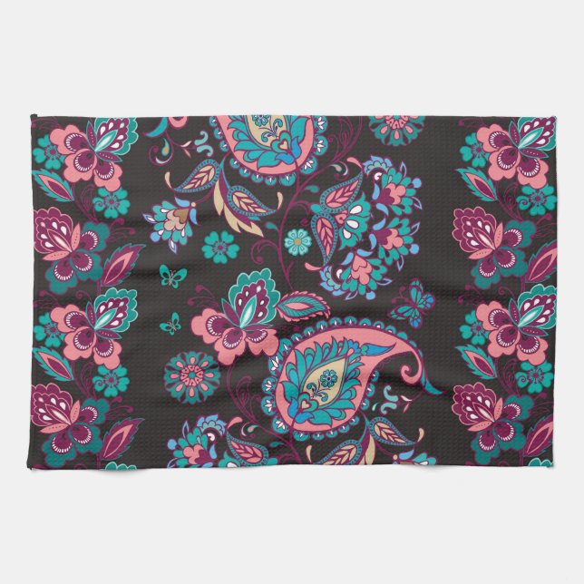 Paisley Strip: Schwarz dekorativ Nahtlos Geschirrtuch (Horizontal)