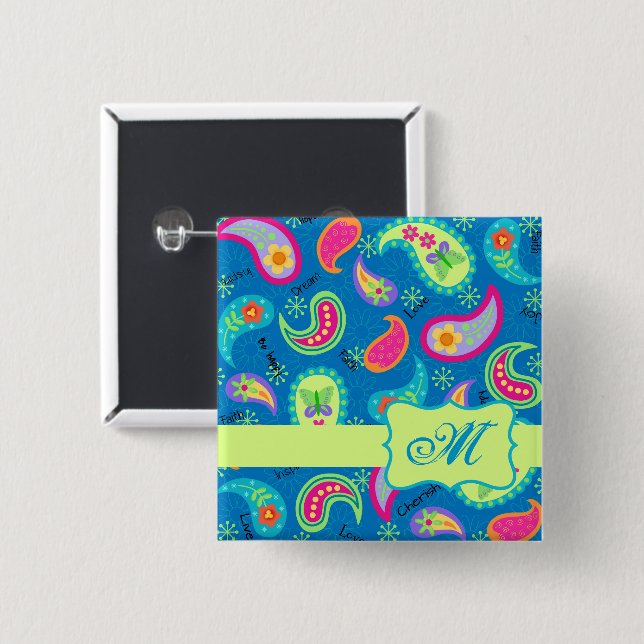 Paisley Turquoise Blue Green Modern Monogram Button (Vorne & Hinten)