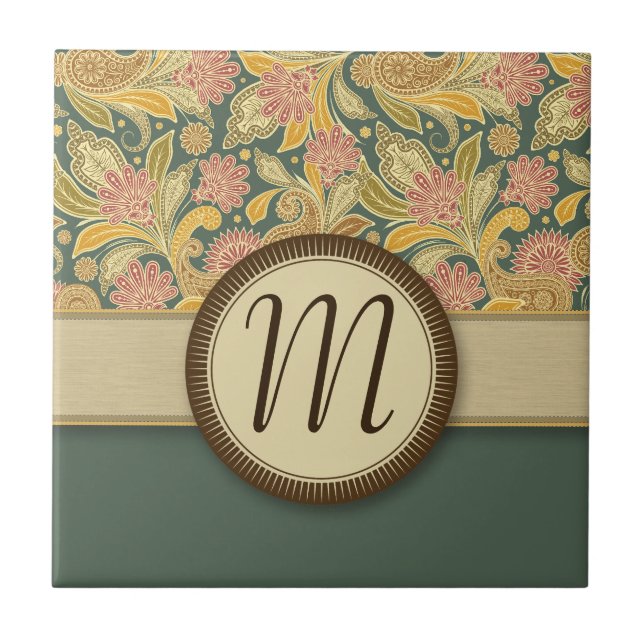 Paisley- und Fan-Blumen mit Monogramm Fliese (Vorderseite)