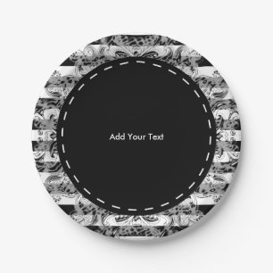 Paisley- und Streifen-Muster   schwarz, Weiß u. Pappteller