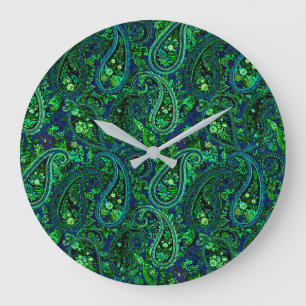 Paisley-Üppigkeit Lebendige Florale Blau Grün Große Wanduhr
