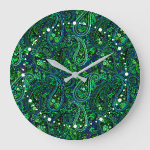 Paisley-Üppigkeit Lebendiges Florales Blau Grün   Große Wanduhr