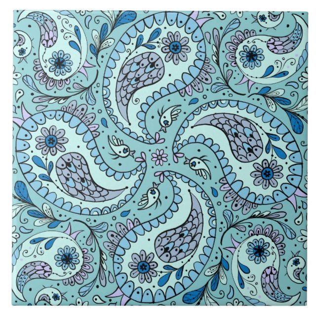 Paisley-Vögel in Babyblau Fliese (Vorderseite)