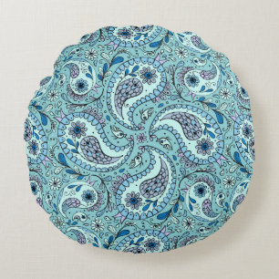 Paisley-Vögel in Babyblau Rundes Kissen