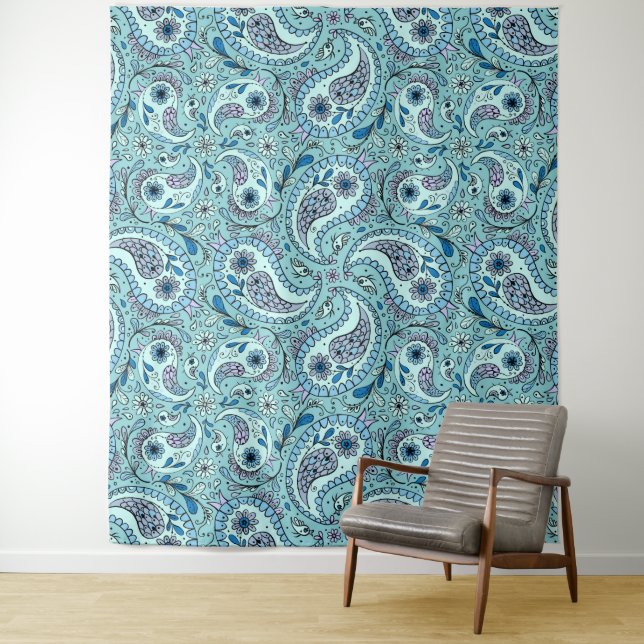 Paisley-Vögel in Babyblau Wandteppich (Beispiel)