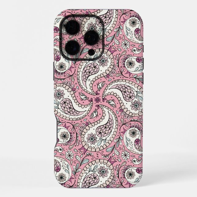 Paisley-Vögel in Babyrosa iPhone 16 Pro Max Hülle (Rückseite)
