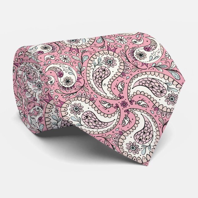 Paisley-Vögel in Babyrosa Krawatte (Gerollt)